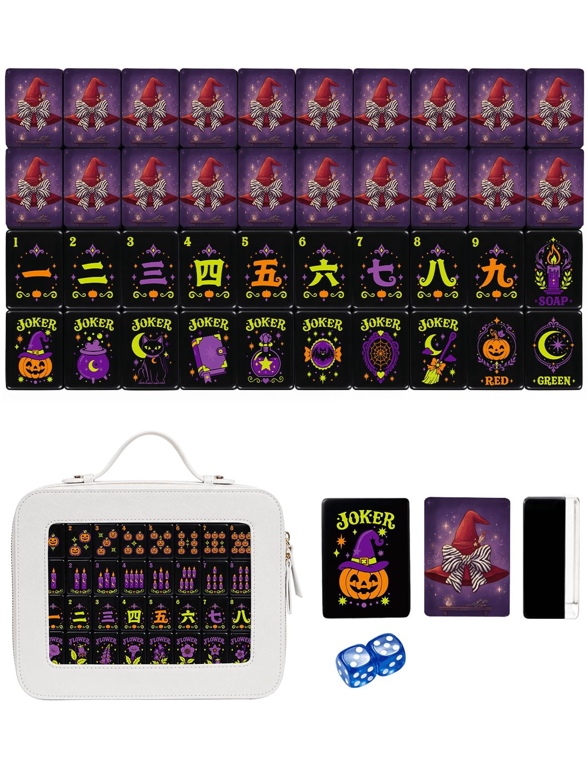 American Mahjong Tile Set Witch Hat and Zebra Bow Design for Halloween Game Nights 160 Piece Engraved Acrylic Set with Travel Case