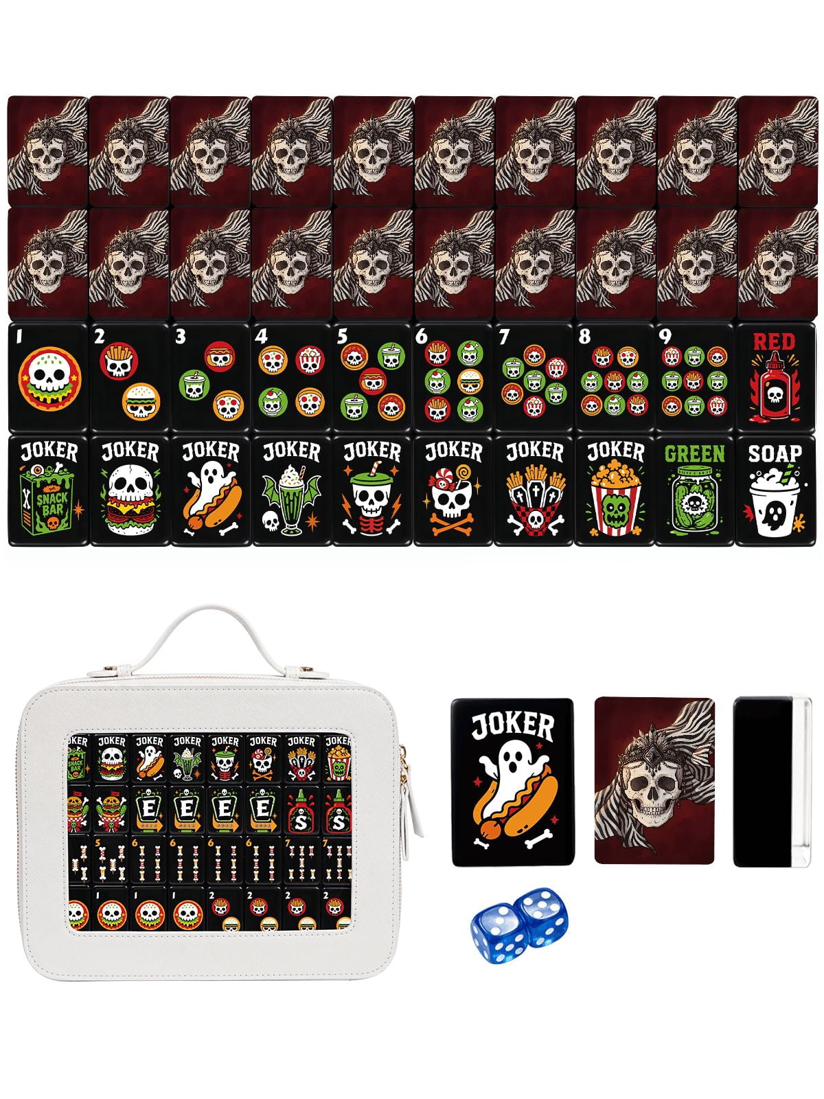 American Mahjong Tile Set Crown Skull and Zebra Design for Halloween Game Nights 160 Piece Engraved Acrylic Set with Travel Case