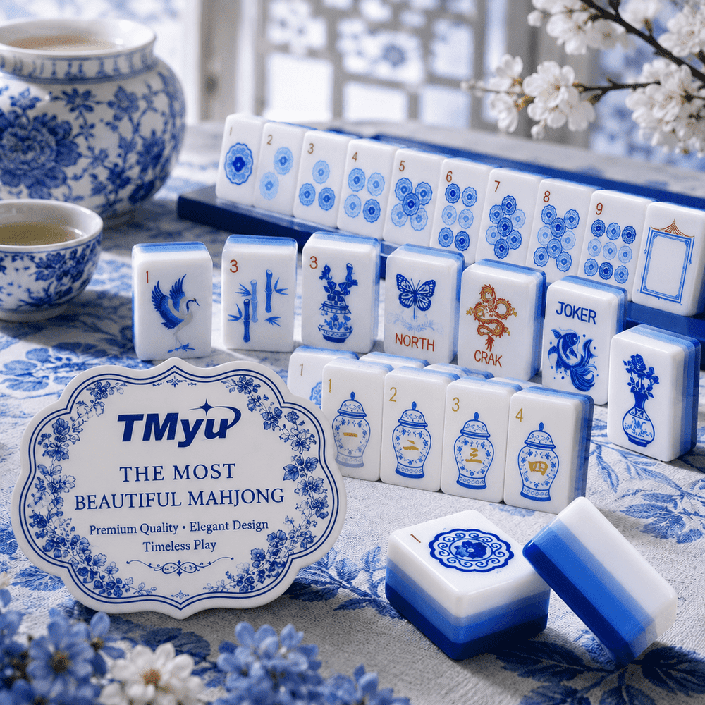 American Mahjong Tile Set Blue Engraved Design for Club and Travel Games 160 Piece Four Layer Acrylic Set with Storage Bag