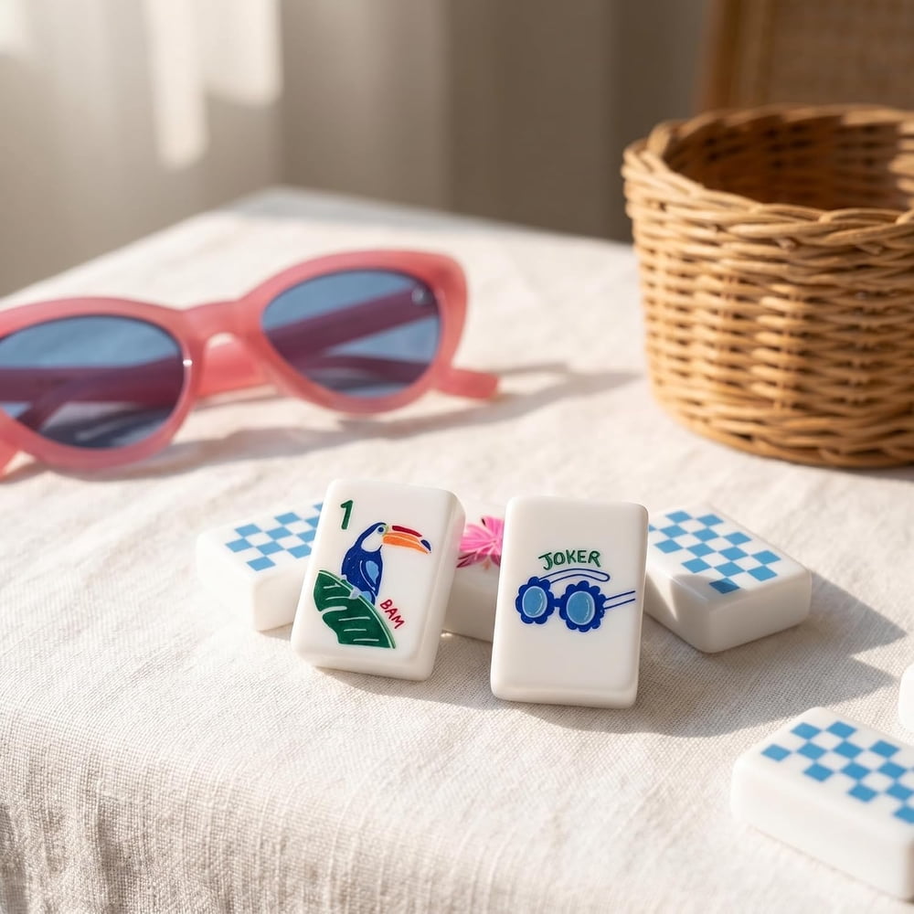American Mahjong Tile Set Summer Travel Design for Vacations and Game Nights 160 Piece Engraved Acrylic Set with Storage Bag