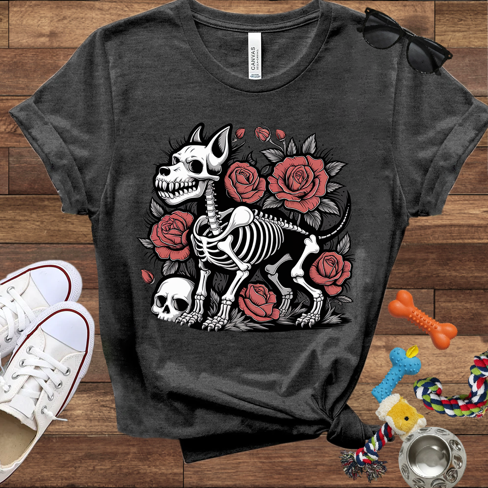 Skeleton Dog With Roses & Skull - Bella Canvas TShirt - Unique Gifts for Dog Lovers