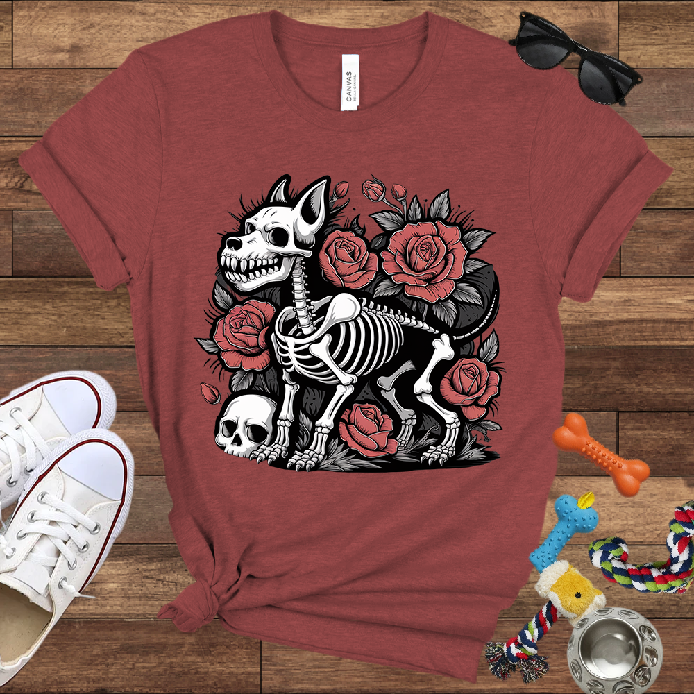 Skeleton Dog With Roses & Skull - Bella Canvas TShirt - Unique Gifts for Dog Lovers