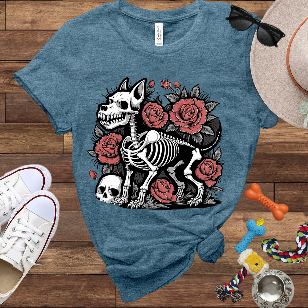 Skeleton Dog With Roses & Skull - Bella Canvas TShirt - Unique Gifts for Dog Lovers
