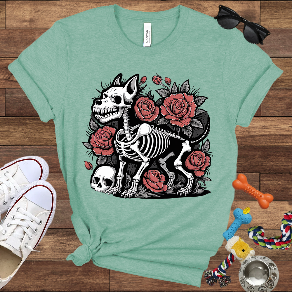 Skeleton Dog With Roses & Skull - Bella Canvas TShirt - Unique Gifts for Dog Lovers
