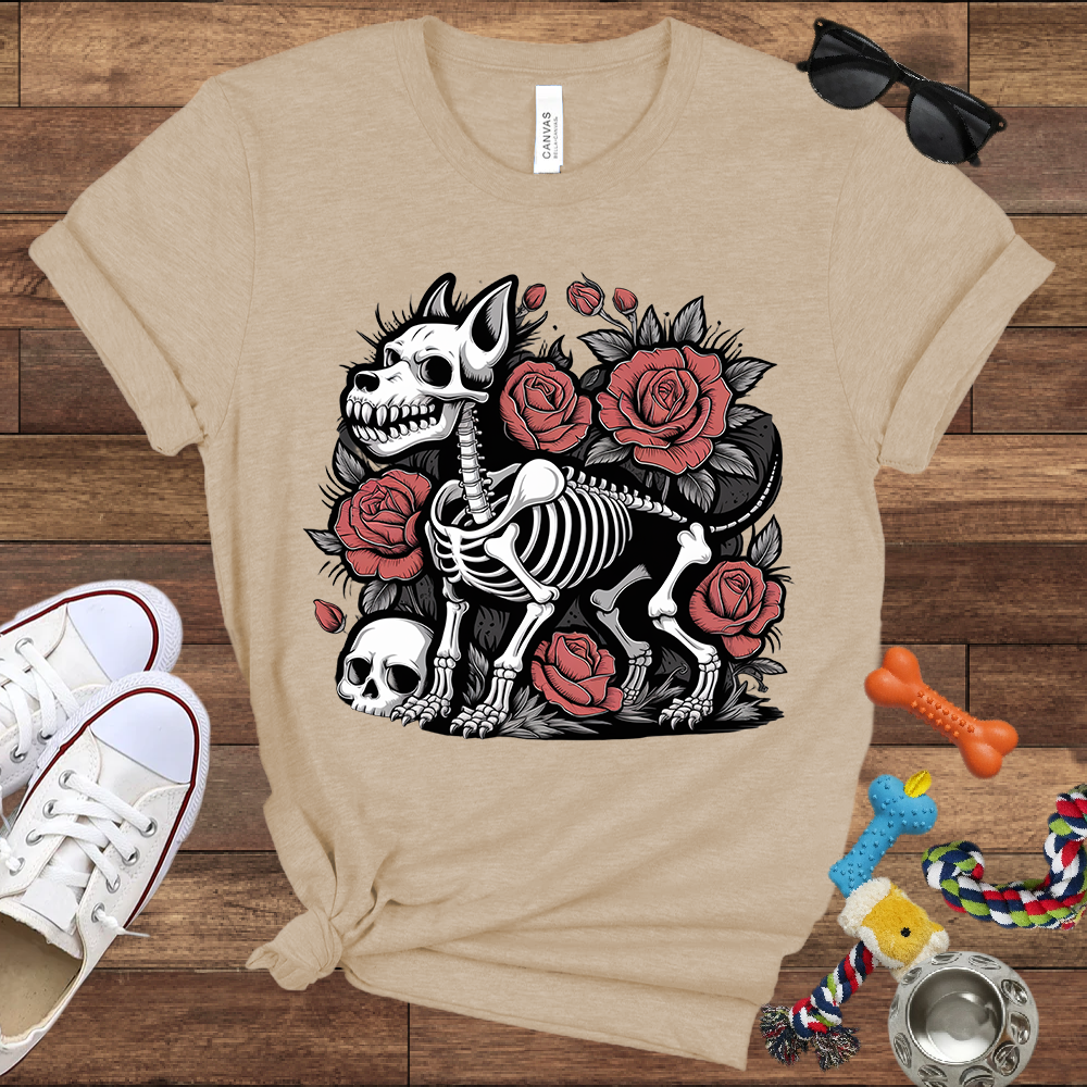 Skeleton Dog With Roses & Skull - Bella Canvas TShirt - Unique Gifts for Dog Lovers