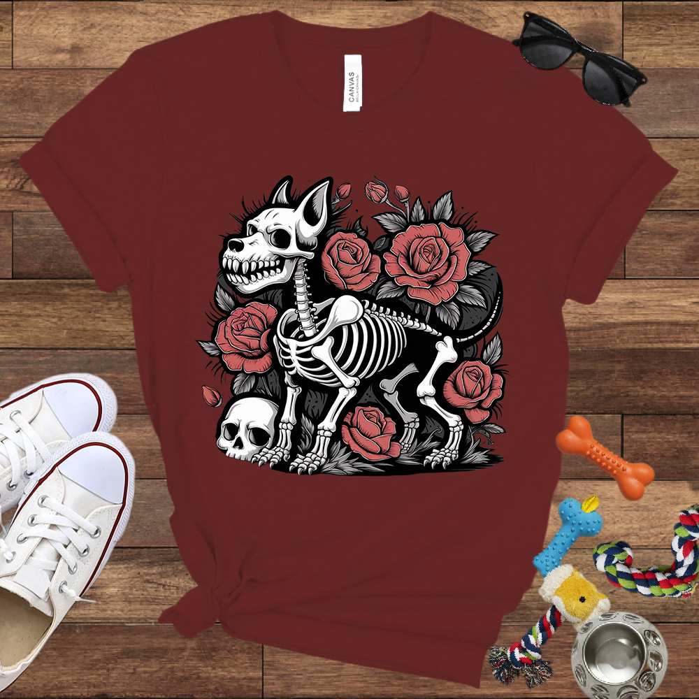 Skeleton Dog With Roses & Skull - Bella Canvas TShirt - Unique Gifts for Dog Lovers