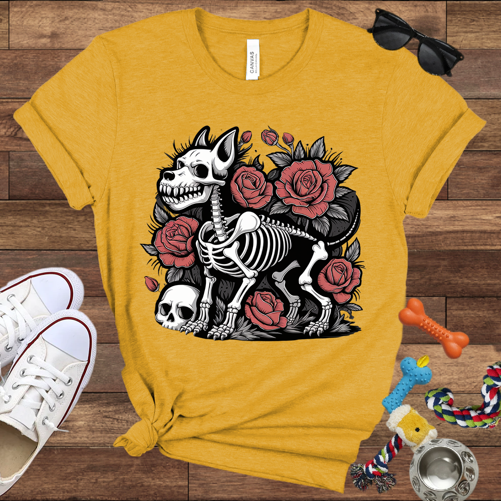Skeleton Dog With Roses & Skull - Bella Canvas TShirt - Unique Gifts for Dog Lovers