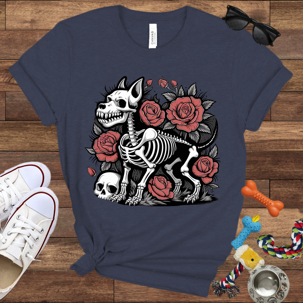 Skeleton Dog With Roses & Skull - Bella Canvas TShirt - Unique Gifts for Dog Lovers