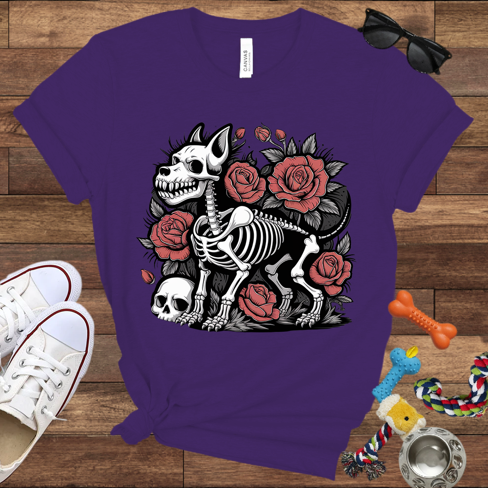 Skeleton Dog With Roses & Skull - Bella Canvas TShirt - Unique Gifts for Dog Lovers