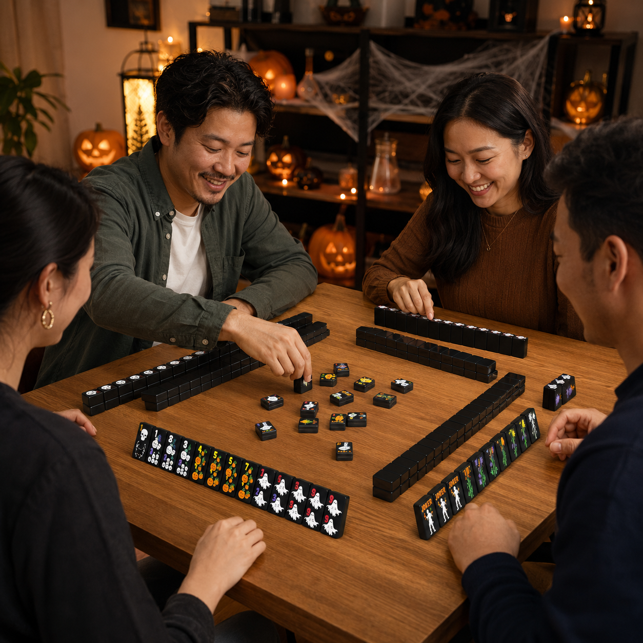 American Mahjong Tile Set Black Halloween Design for Game Nights Double Sided Engraved Acrylic Tiles