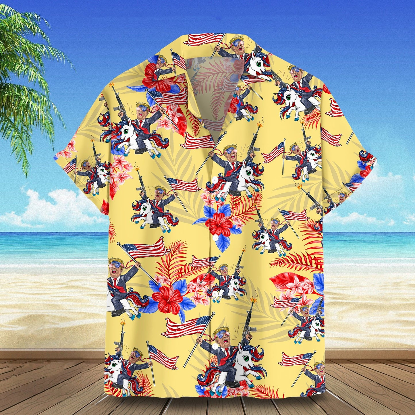 Riding Unicorn Hawaiian Shirt Support For Summer Button Up Patriotic Gifts For Dad