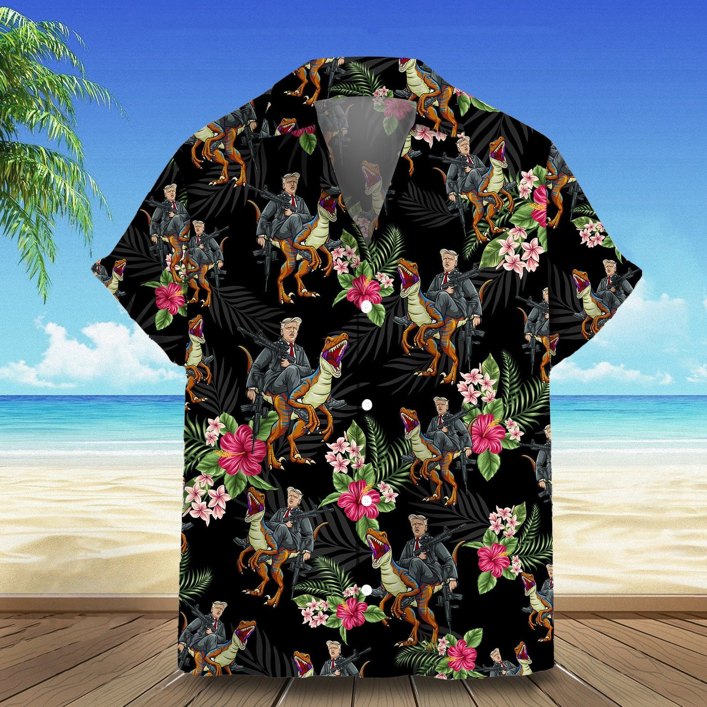 2026 Hawaiian Shirt Riding Dinosaur Summer Button Ups Gift For Patriots