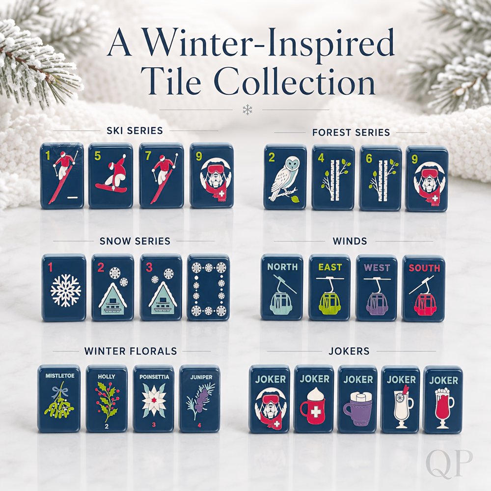 American Mahjong Tile Set Blue Winter Ski Design for Family Game Nights 160 Piece Acrylic Set