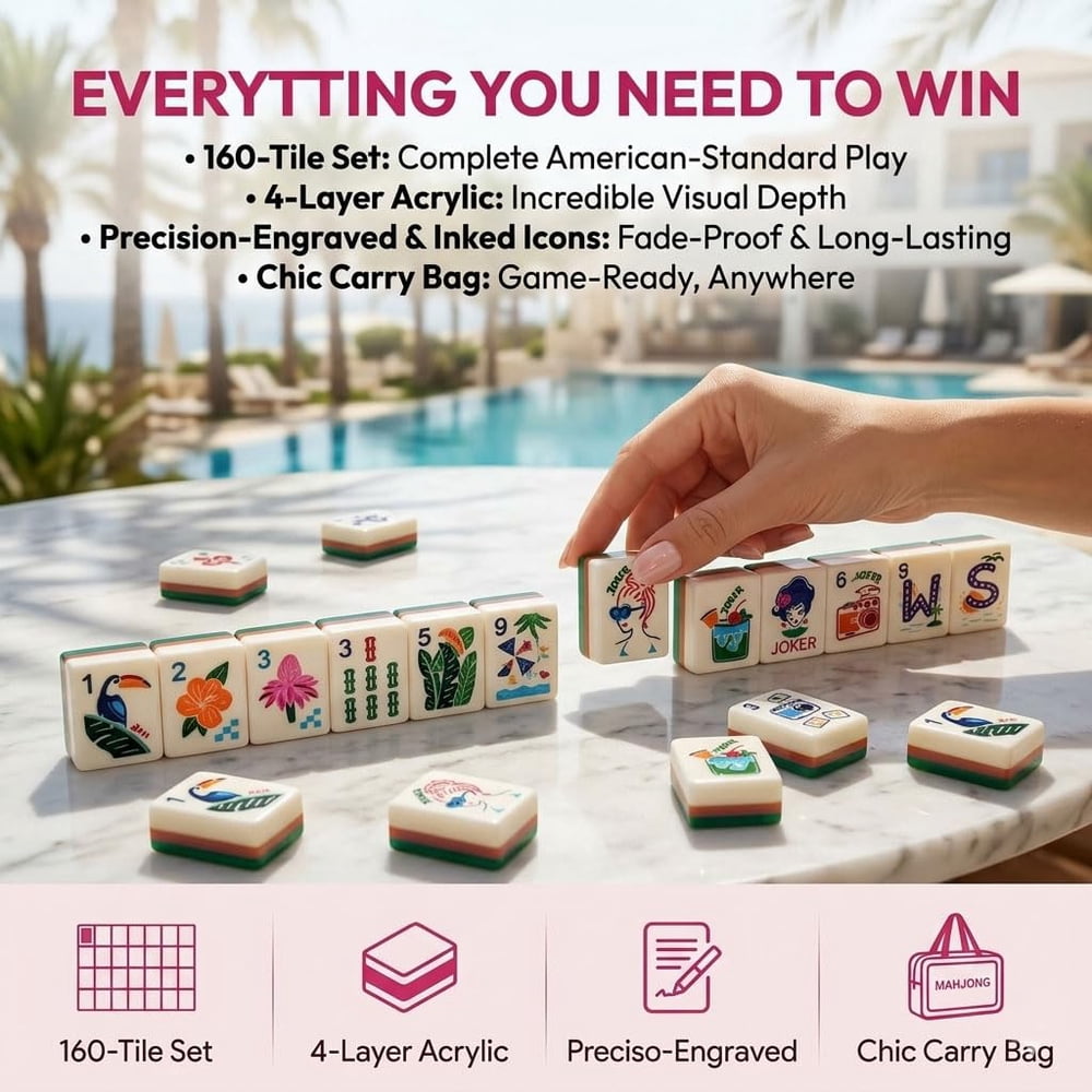 American Mahjong Game Set Colorful Four Layer Design for Family and Travel Games 160 Piece Acrylic Set with Bag Dice and Mat