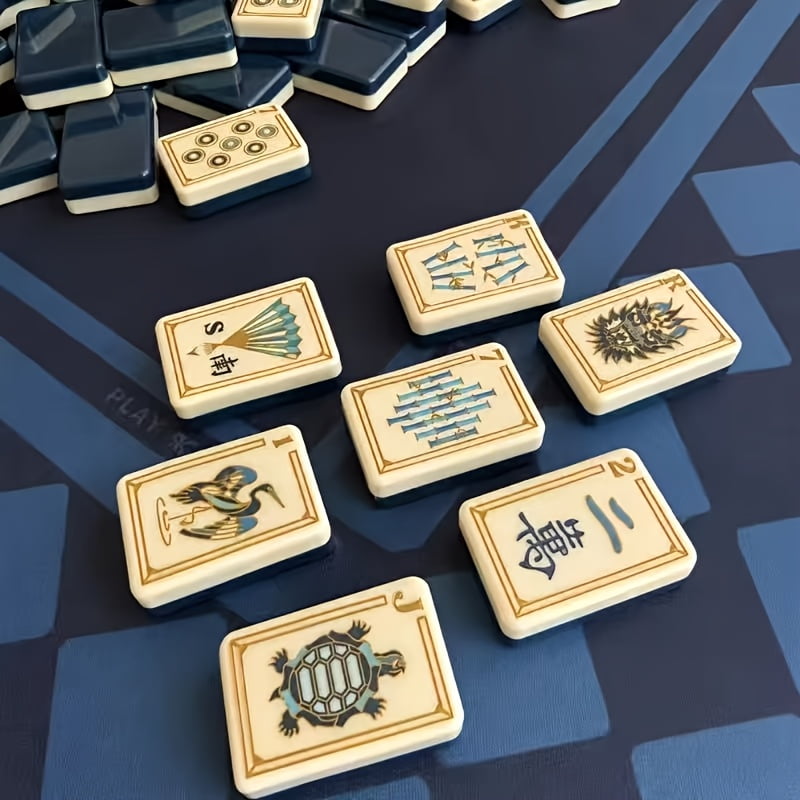 American Mahjong Tile Set Navy and Gold Design for Adult Game Nights 160 Piece Double Layer Engraved Acrylic Set