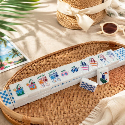American Mahjong Tile Set Summer Travel Design for Vacations and Game Nights 160 Piece Engraved Acrylic Set with Storage Bag