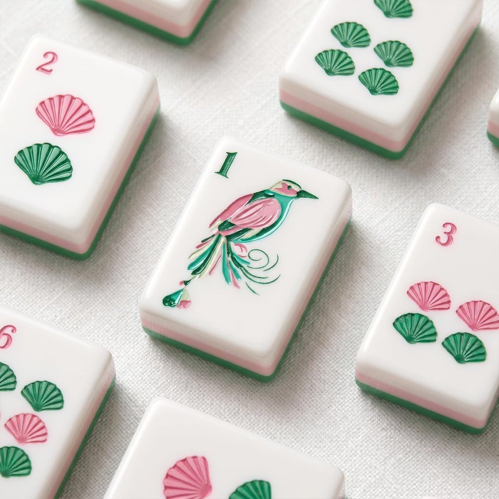 American Mahjong Tile Set Green Botanical Design for Club and Travel Games 160 Piece Engraved Acrylic Set with Storage Bag