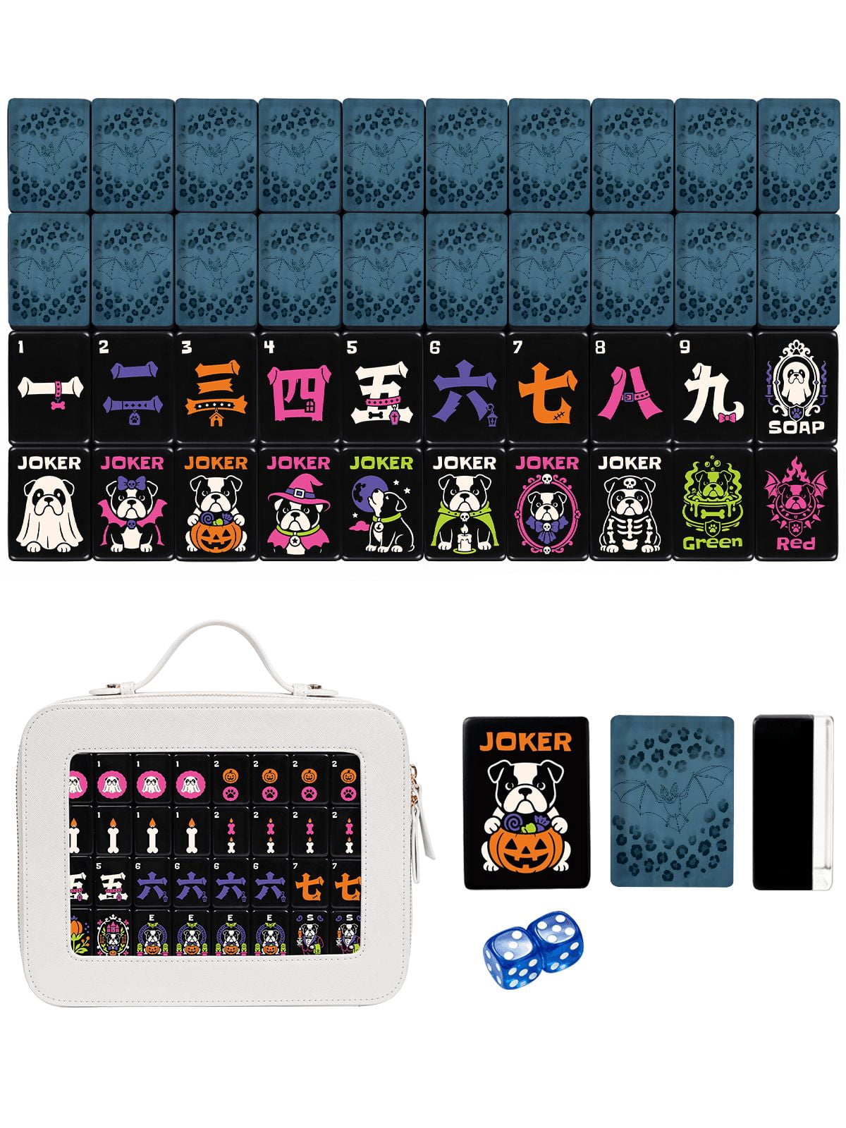 American Mahjong Tile Set Blue Bat and Leopard Design for Halloween Game Nights 160 Piece Engraved Acrylic Set with Travel Case