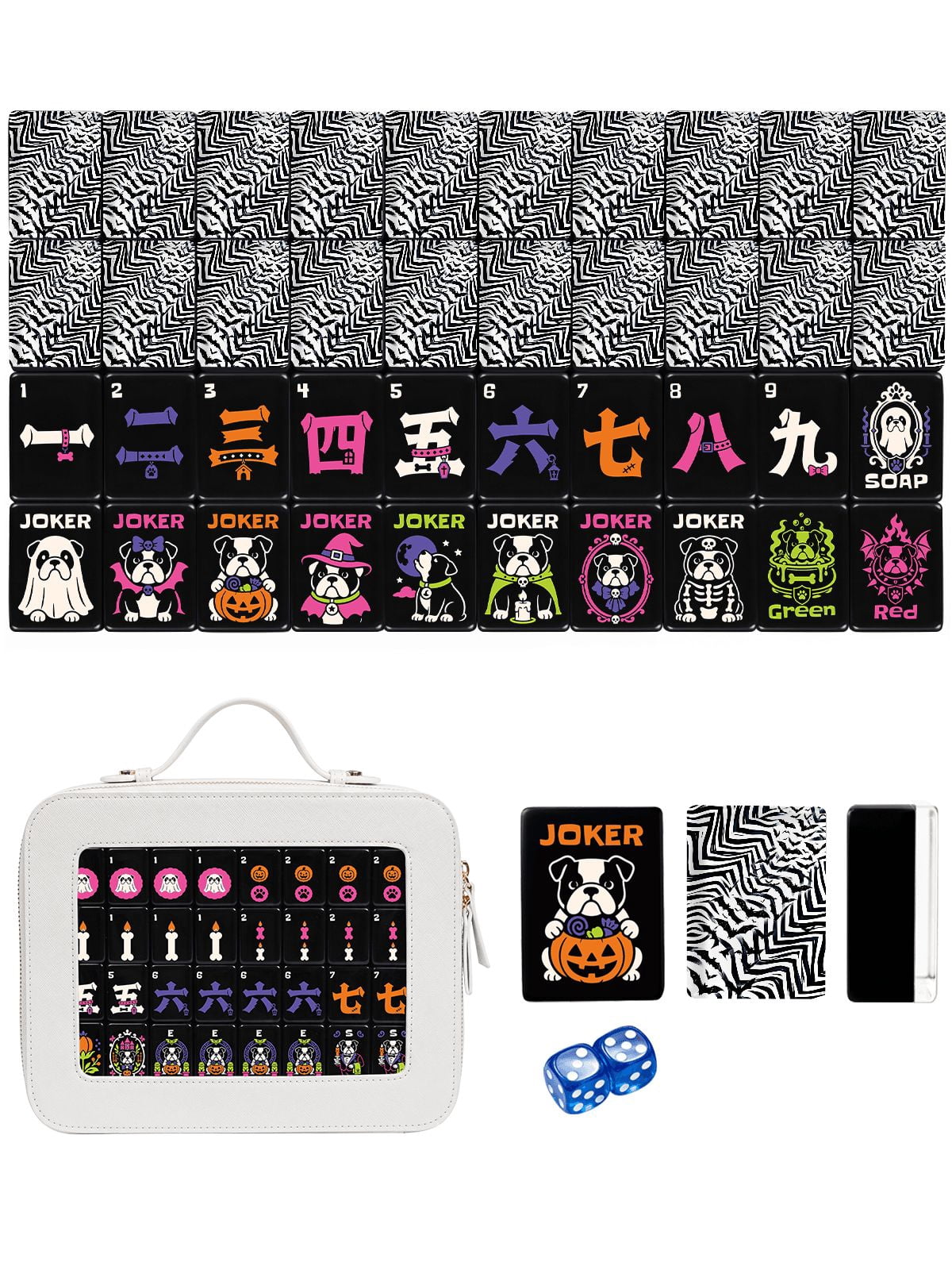 American Mahjong Tile Set Bat and Zigzag Design for Halloween Game Nights 160 Piece Engraved Acrylic Set with Travel Case