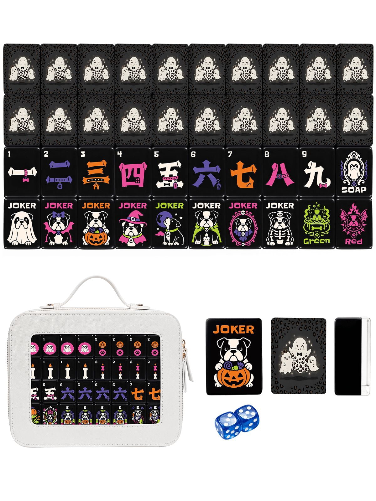 American Mahjong Tile Set Ghost Family and Leopard Design for Halloween Game Nights 160 Piece Engraved Acrylic Set with Travel Case