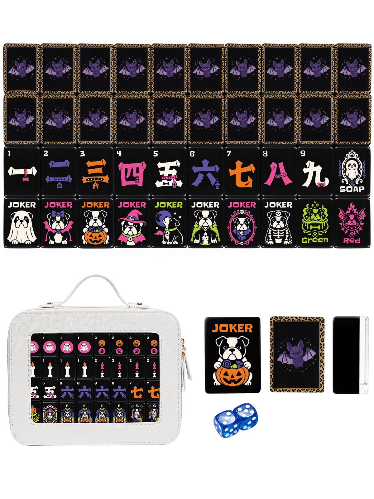 American Mahjong Tile Set Purple Bat and Starry Night Design for Halloween Game Nights 160 Piece Engraved Acrylic Set with Travel Case