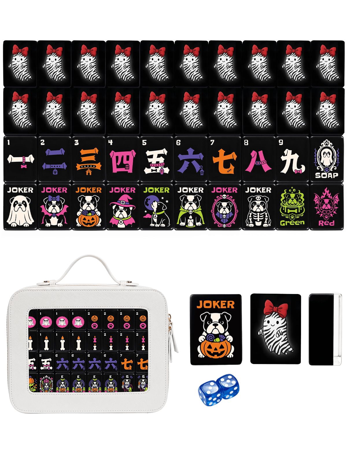 American Mahjong Tile Set Zebra Ghost and Red Bow Design for Halloween Game Nights 160 Piece Engraved Acrylic Set with Travel Case