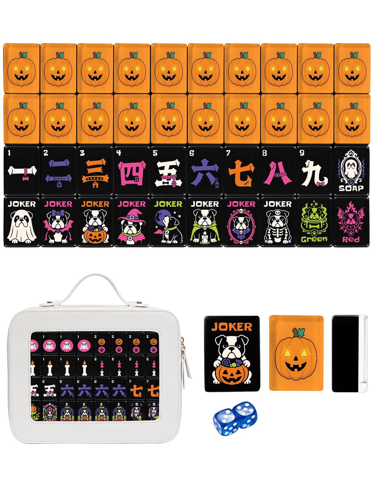 American Mahjong Tile Set Orange Pumpkin and Paw Design for Halloween Game Nights 160 Piece Engraved Acrylic Set with Travel Case
