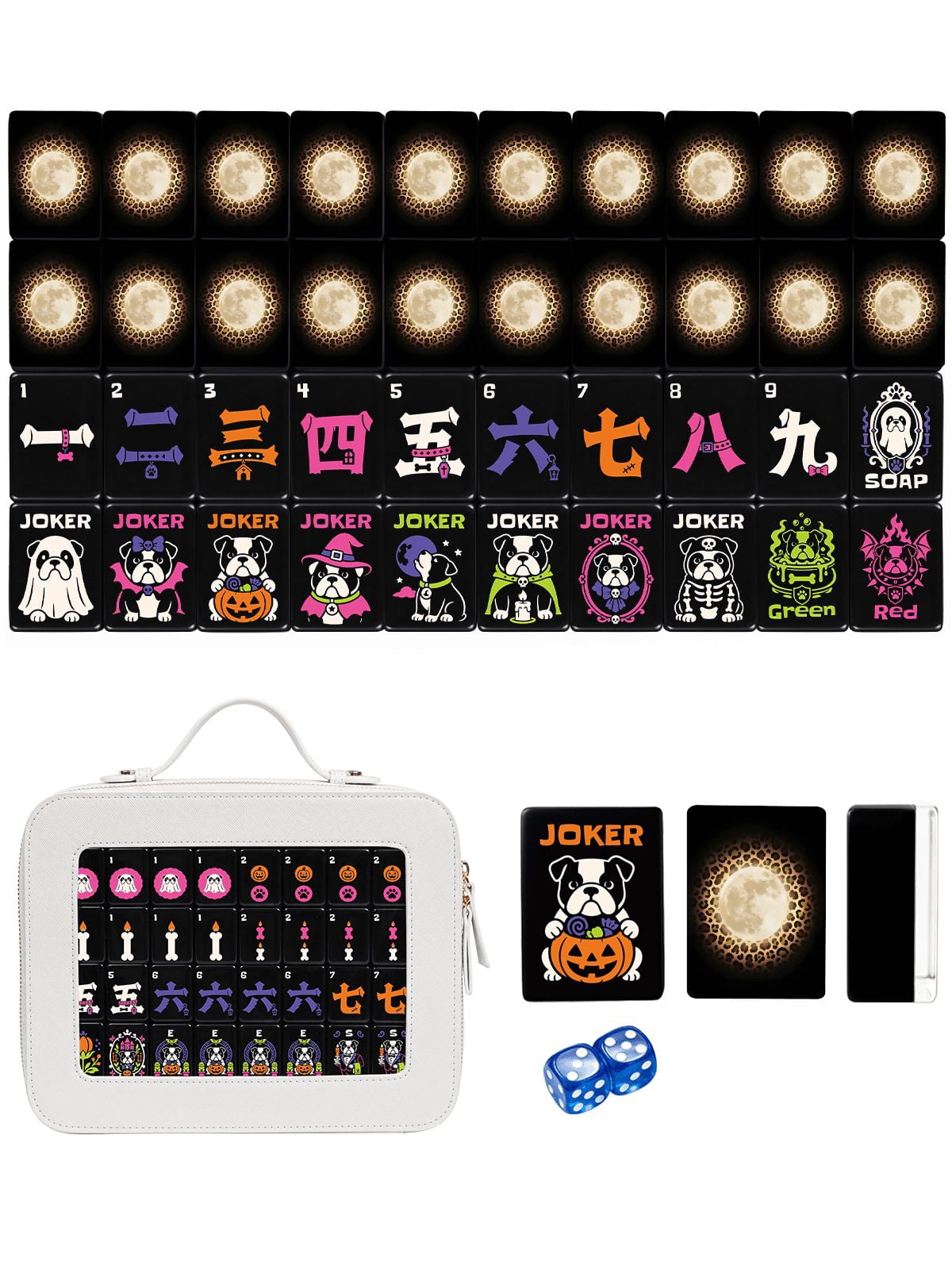 American Mahjong Tile Set Full Moon and Leopard Design for Halloween Game Nights 160 Piece Engraved Acrylic Set with Travel Case