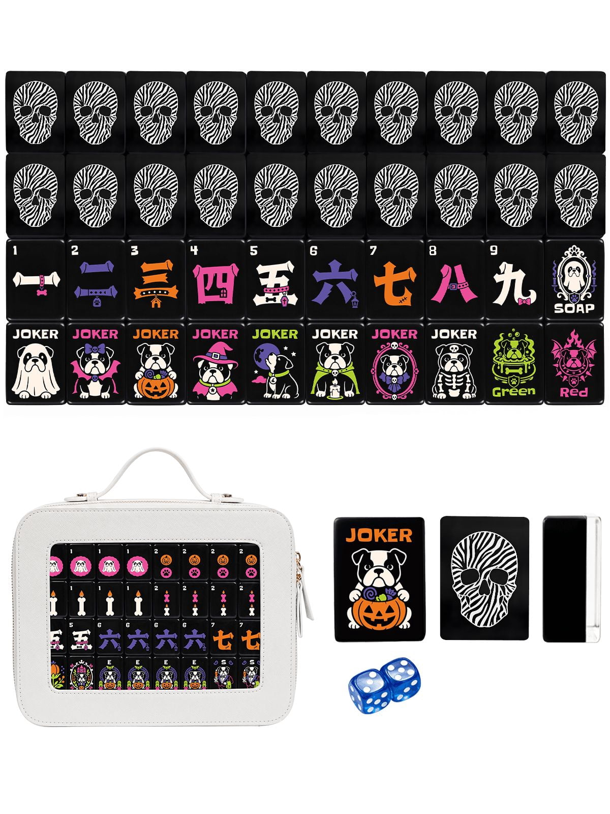 American Mahjong Tile Set Gothic Bone and Zebra Design for Halloween Game Nights 160 Piece Engraved Acrylic Set with Travel Case