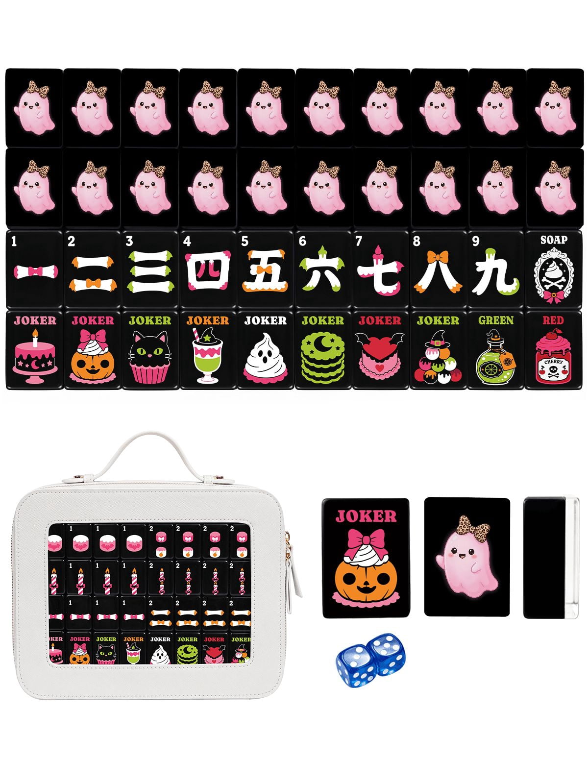 American Mahjong Tile Set Pink Ghost and Leopard Design for Halloween Game Nights 160 Piece Engraved Acrylic Set with Travel Case