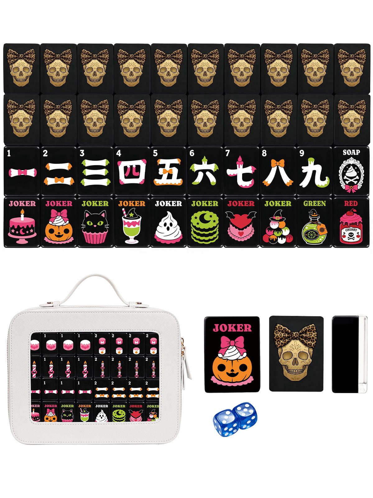 American Mahjong Tile Set Pink Pumpkin and Sugar Skull Design for Halloween Game Nights 160 Piece Engraved Acrylic Set with Travel Case