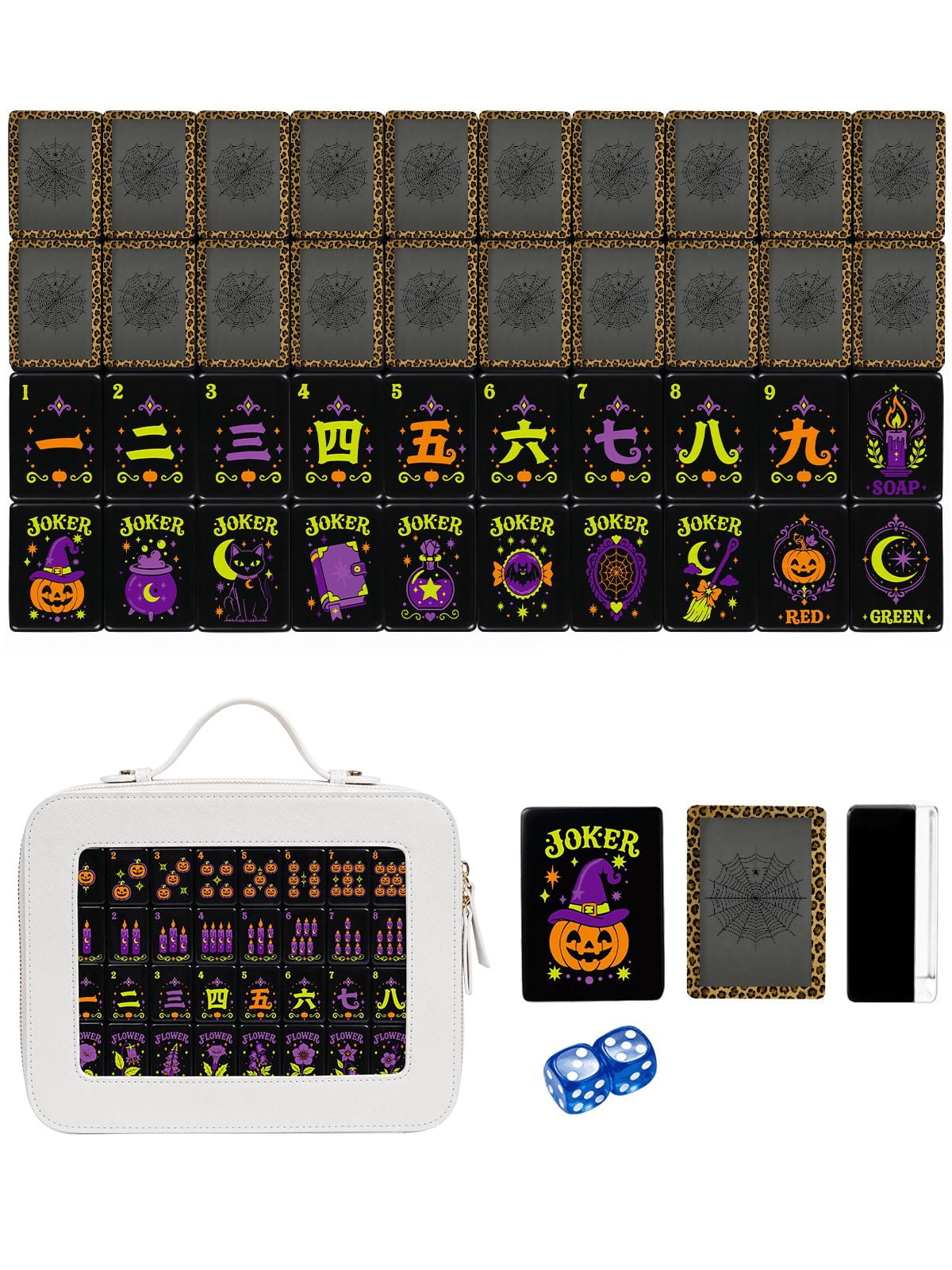 American Mahjong Tile Set Purple Web and Leopard Design for Halloween Game Nights 160 Piece Engraved Acrylic Set with Travel Case