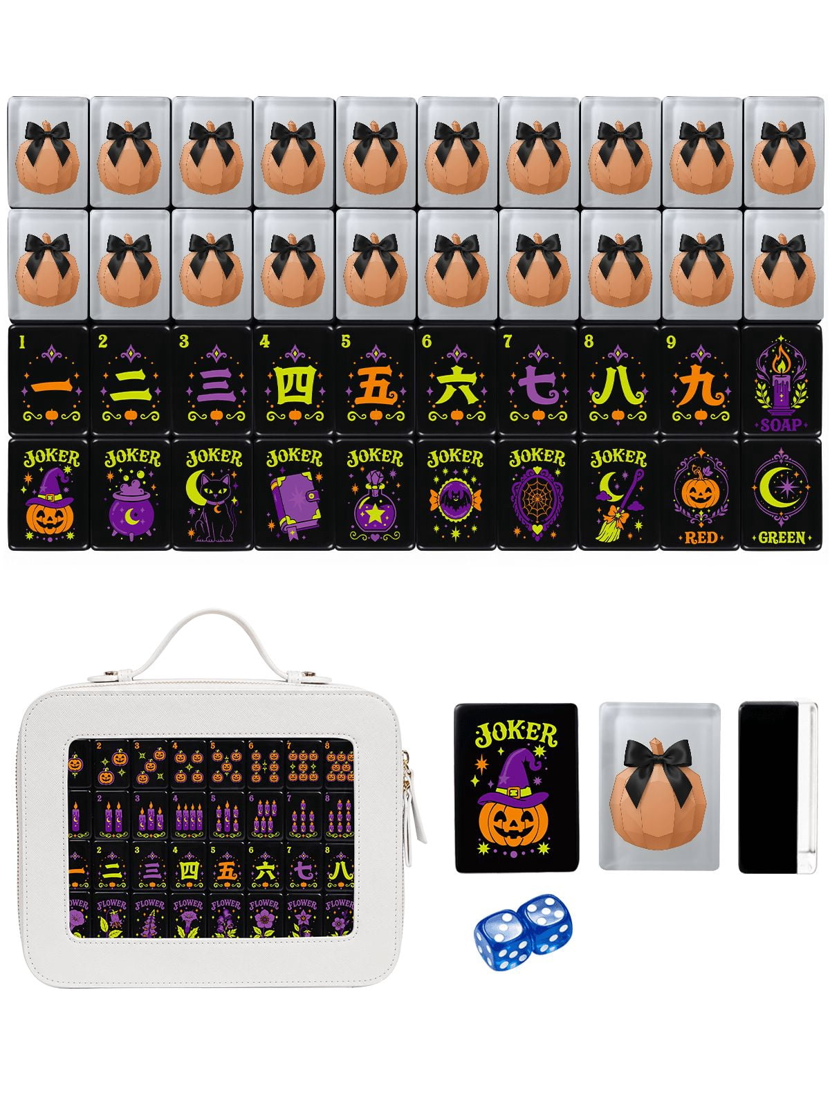 American Mahjong Tile Set Orange Pumpkin and Black Bow Design for Halloween Game Nights 160 Piece Engraved Acrylic Set with Travel Case