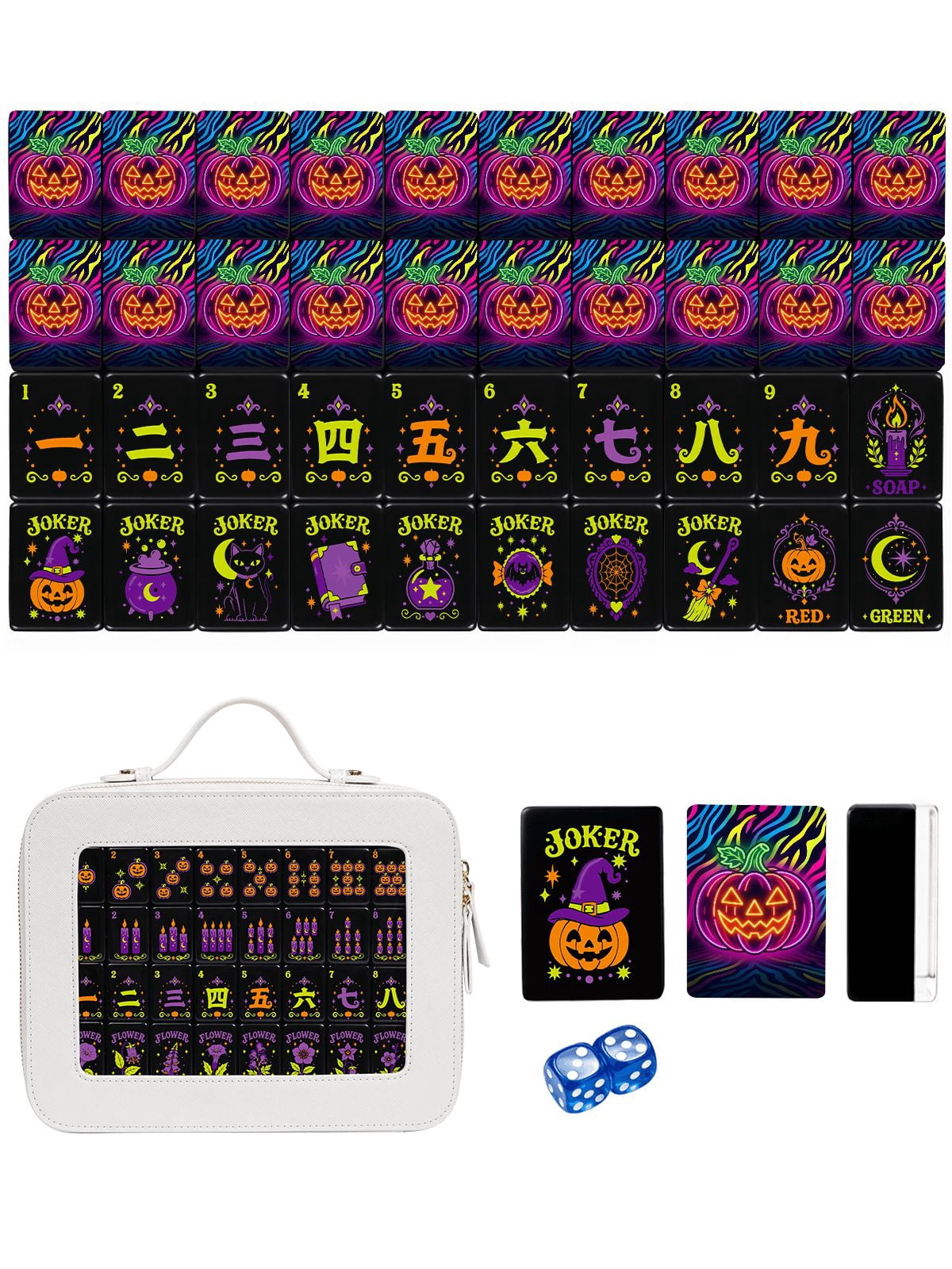 American Mahjong Tile Set Neon Pumpkin and Zebra Design for Halloween Game Nights 160 Piece Engraved Acrylic Set with Travel Case