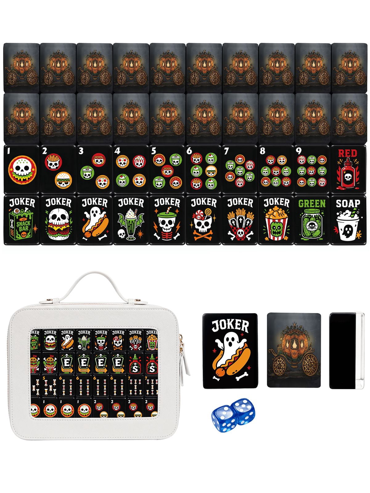 American Mahjong Tile Set Pumpkin Carriage Design for Halloween Game Nights 160 Piece Engraved Acrylic Set with Travel Case