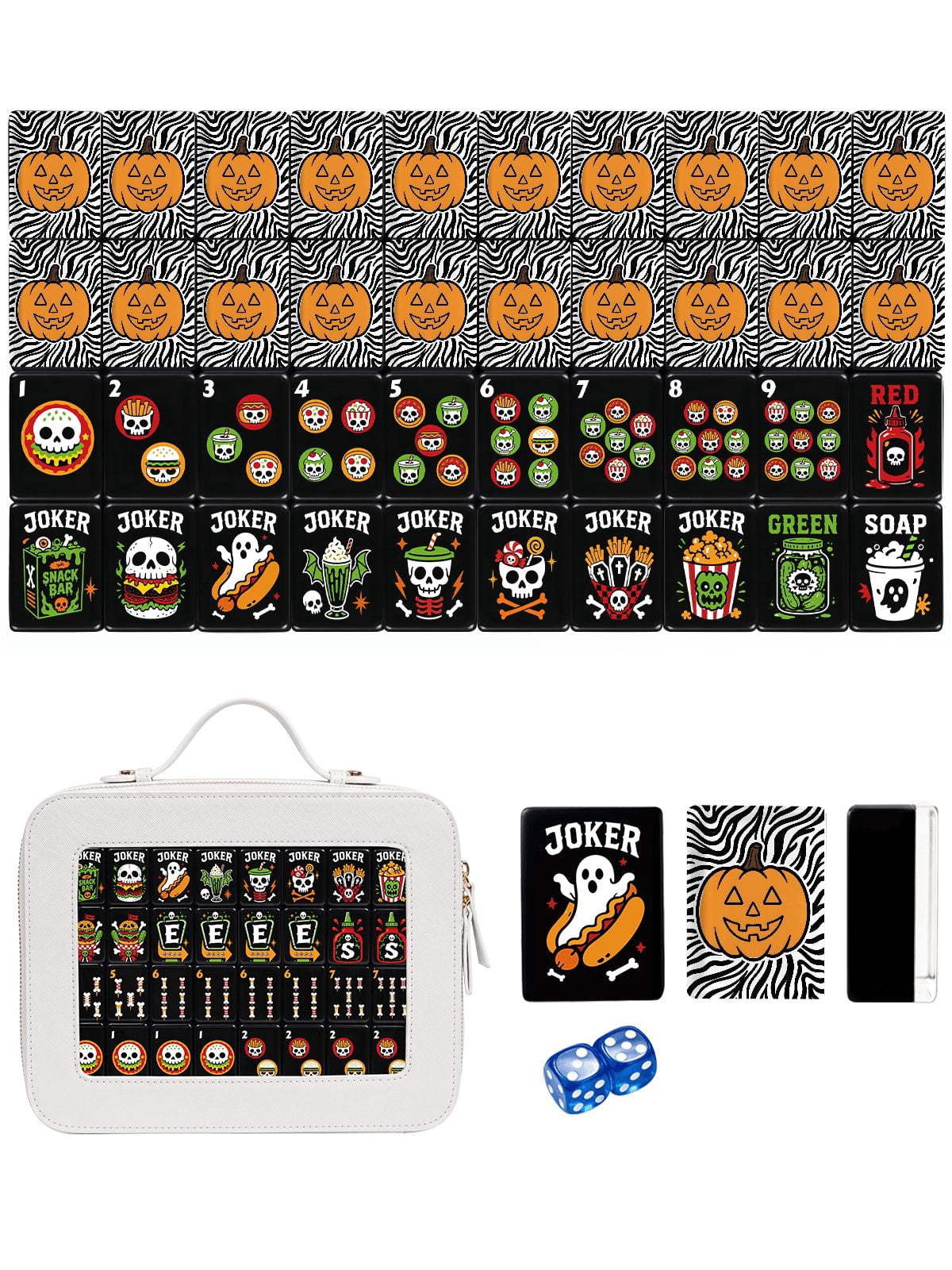 American Mahjong Tile Set Pumpkin and Zebra Design for Halloween Game Nights 160 Piece Engraved Acrylic Set with Travel Case