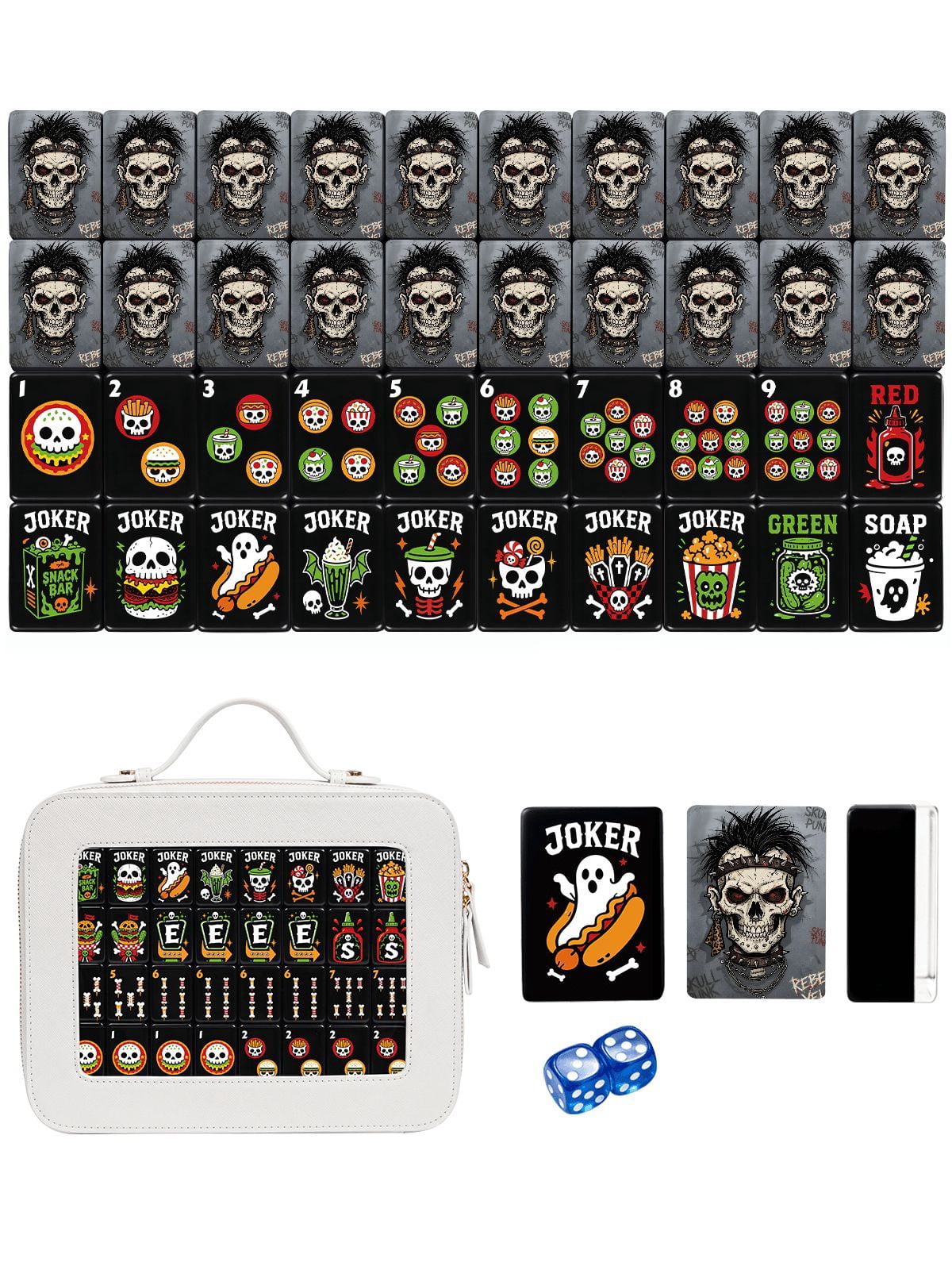 American Mahjong Tile Set Punk Skull and Chain Design for Halloween Game Nights 160 Piece Engraved Acrylic Set with Travel Case