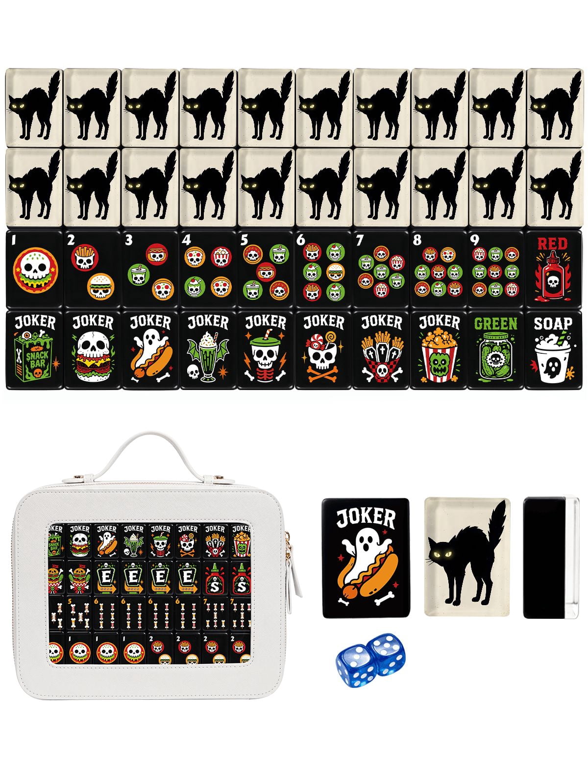 American Mahjong Tile Set Skull and Black Cat Design for Halloween Game Nights 160 Piece Engraved Acrylic Set with Travel Case
