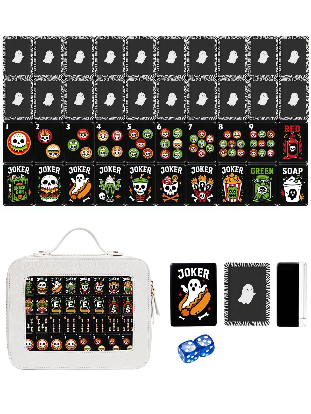 American Mahjong Tile Set Smiling Ghost and Zebra Design for Halloween Game Nights 160 Piece Engraved Acrylic Set with Travel Case