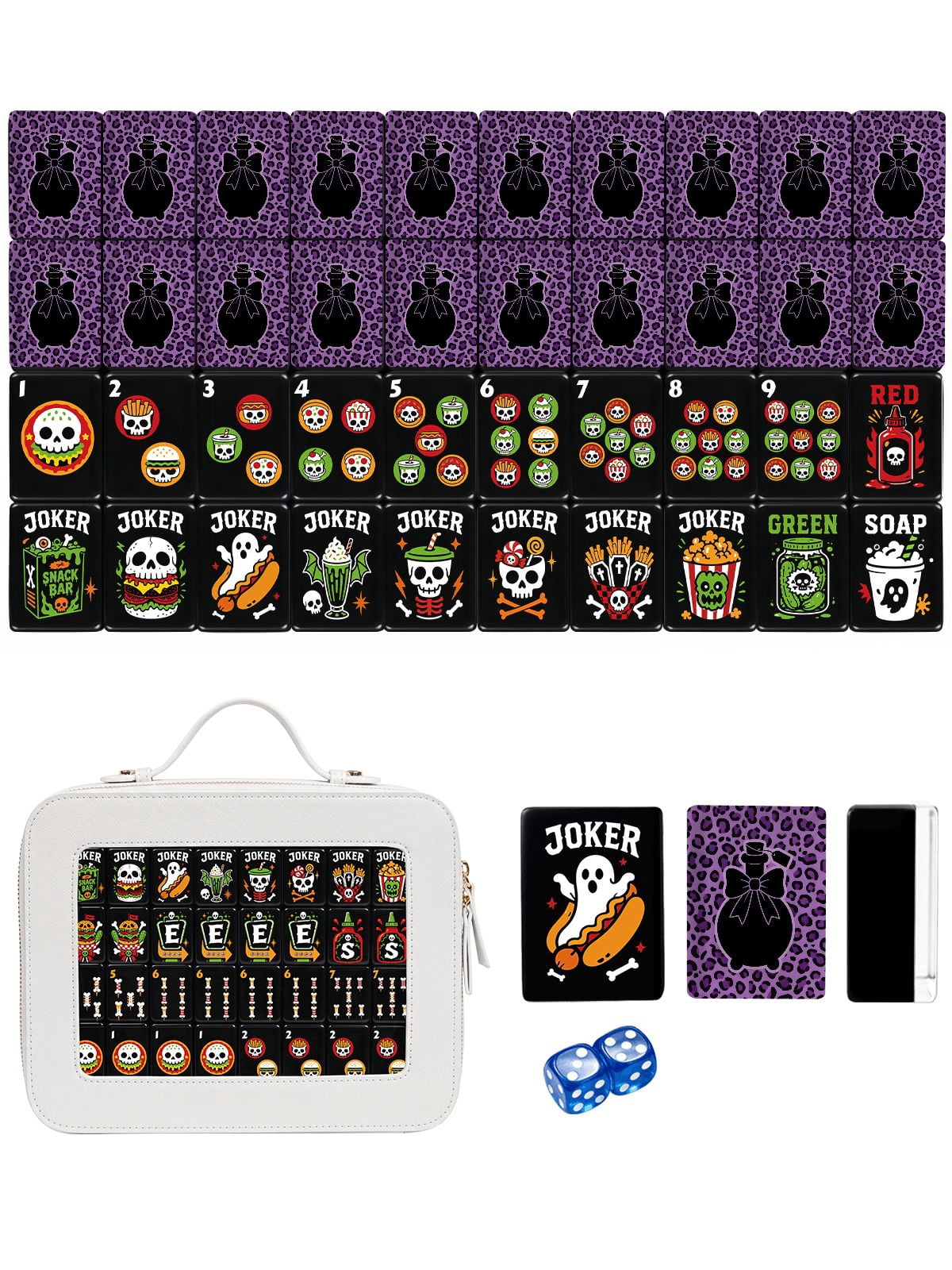 American Mahjong Tile Set Skull and Black Bow Design for Halloween Game Nights 160 Piece Engraved Acrylic Set with Travel Case