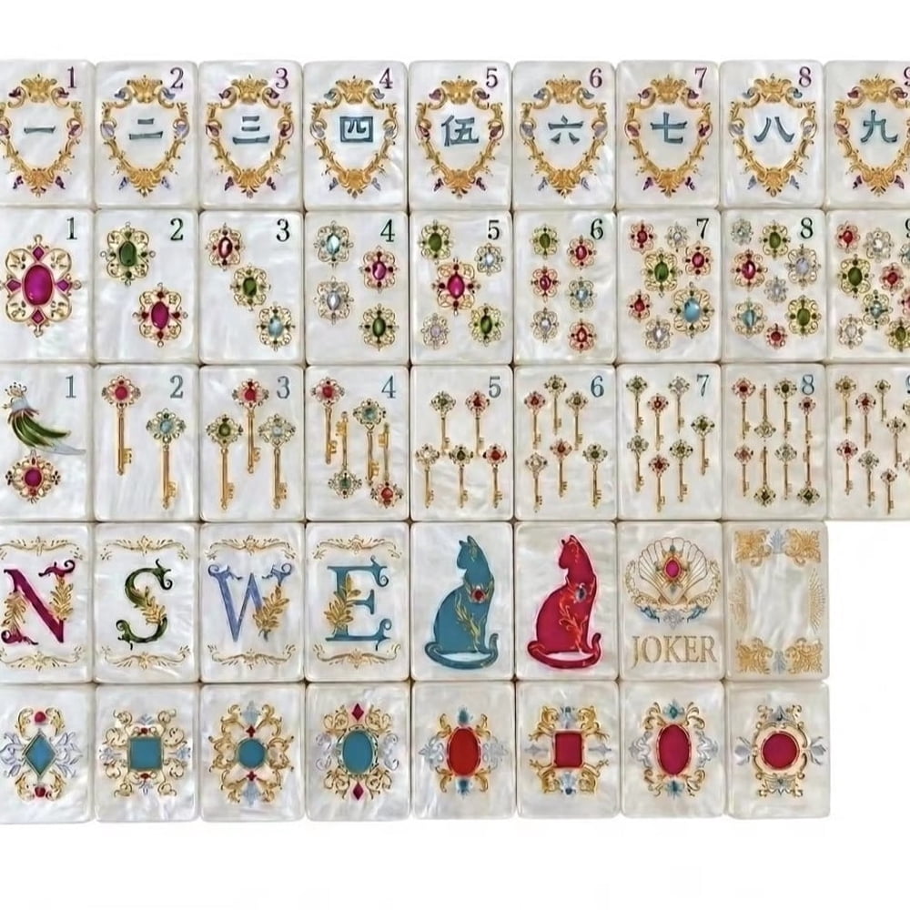 American Mahjong Tile Set Baroque Pearl and Cat Design for Holiday Game Nights 160 Piece Engraved Acrylic Set