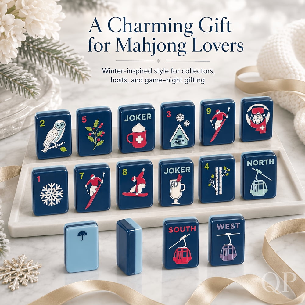 American Mahjong Tile Set Blue Winter Ski Design for Family Game Nights 160 Piece Acrylic Set