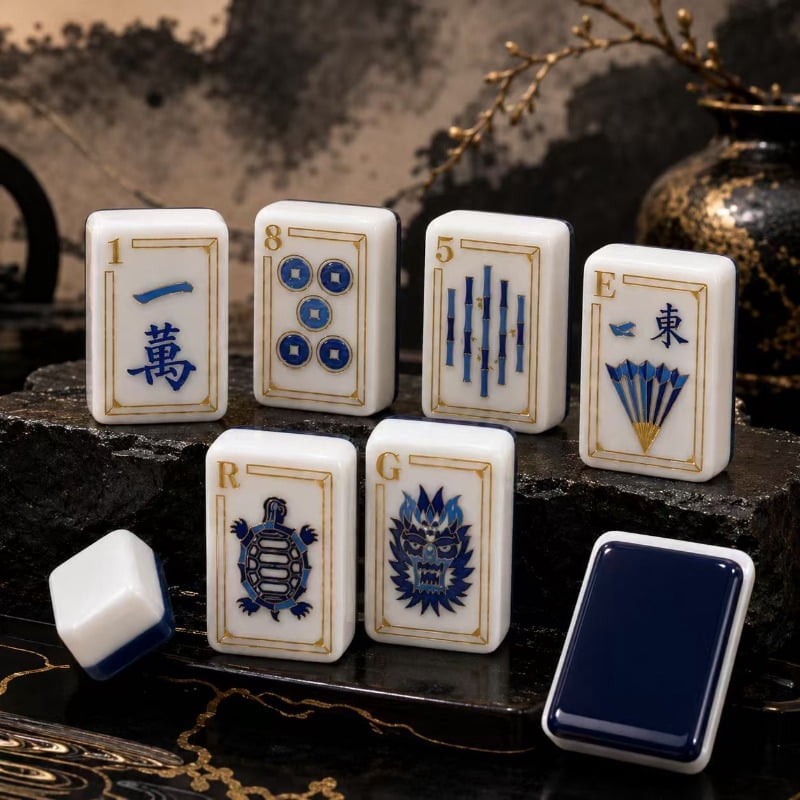 American Mahjong Tile Set Navy and Gold Design for Adult Game Nights 160 Piece Double Layer Engraved Acrylic Set