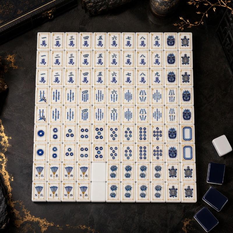 American Mahjong Tile Set Navy and Gold Design for Adult Game Nights 160 Piece Double Layer Engraved Acrylic Set