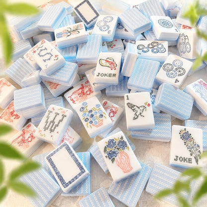 American Mahjong Game Set Blue and White Floral Design for Home and Travel Games 160 Piece Three Layer Acrylic Set with Bag