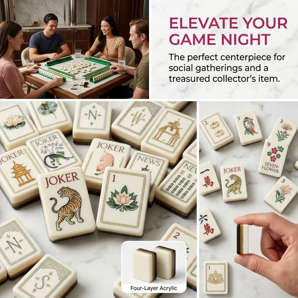 American Mahjong Game Set Colorful Four Layer Design for Family and Travel Games 160 Piece Acrylic Set with Bag Dice and Mat