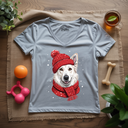 Cozy White German Shepherd Lady V-Neck