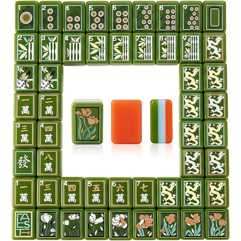 American Mahjong Game Set Green Botanical Design for Club and Travel Games 160 Piece Three Layer Engraved Acrylic Set with Accessories