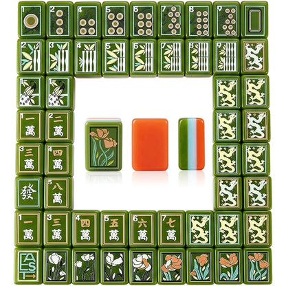 American Mahjong Game Set Green Botanical Design for Club and Travel Games 160 Piece Three Layer Engraved Acrylic Set with Accessories