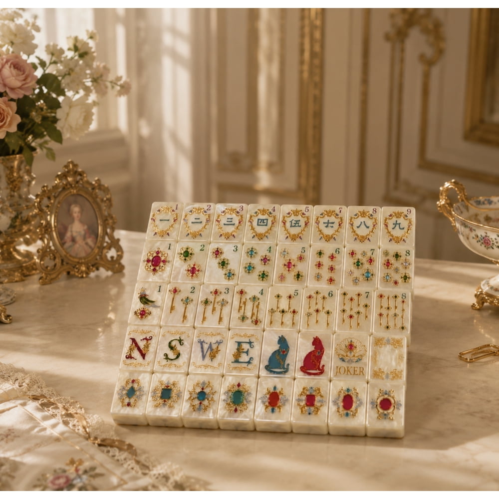 American Mahjong Tile Set Mother of Pearl Cat Design for Family Game Nights 160 Piece Engraved Acrylic Set